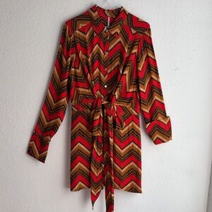 NWOT Free People Orange/Brown Chevron Long Sleeve Dress Sz M Classic 70’s Style